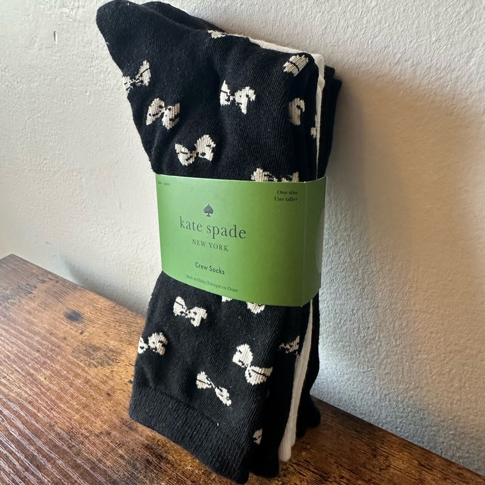 kate spade 3-Pack Black Crew Socks with Cream Bow Pattern + Black & White NWT